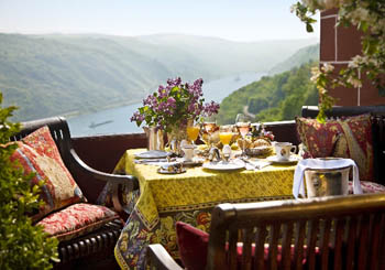 Burghotel auf Schönburg, Germany--breakfast while watching the river traffic.