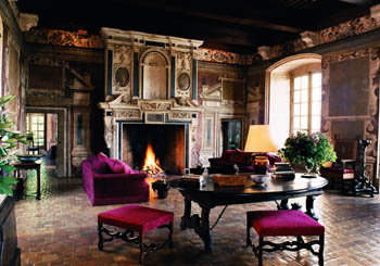 Château de Bagnols, France--elegant castle interiors welcome 21st-century guests.